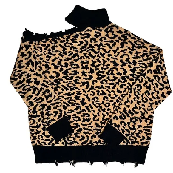 Lovers and Friends Distressed Arlington Leopard Print Turtleneck Sweater Top