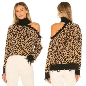 Lovers and Friends Distressed Arlington Leopard Print Turtleneck Sweater Top