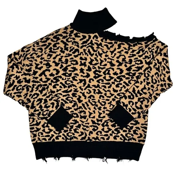 Lovers and Friends Distressed Arlington Leopard Print Turtleneck Sweater Top