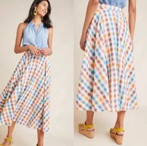 MAEVE Anthropologie Evelyn Midi Skirt Plaid Linen Blend Checkered Cottage 8