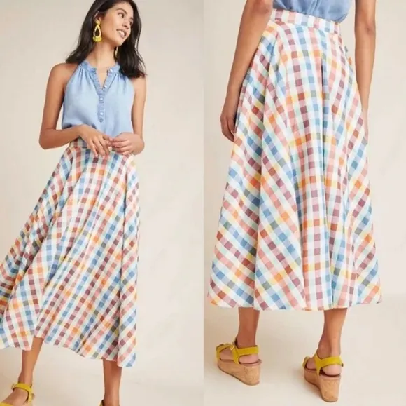 MAEVE Anthropologie Evelyn Midi Skirt Plaid Linen Blend Checkered Cottage 8