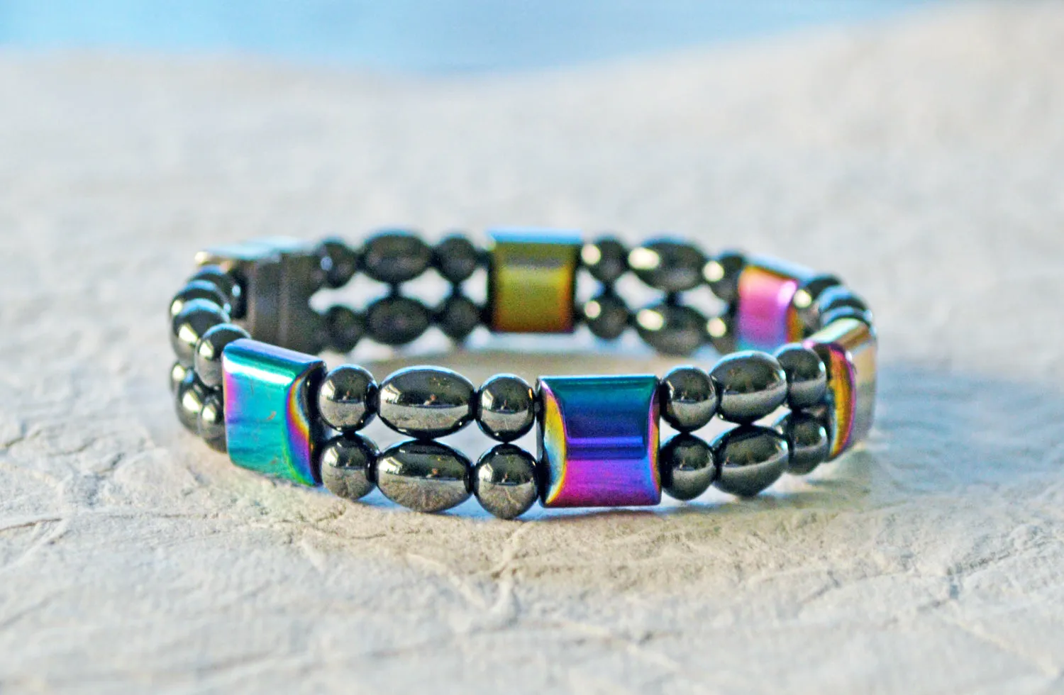 Magnetic Bracelet - Black and Rainbow Hematite