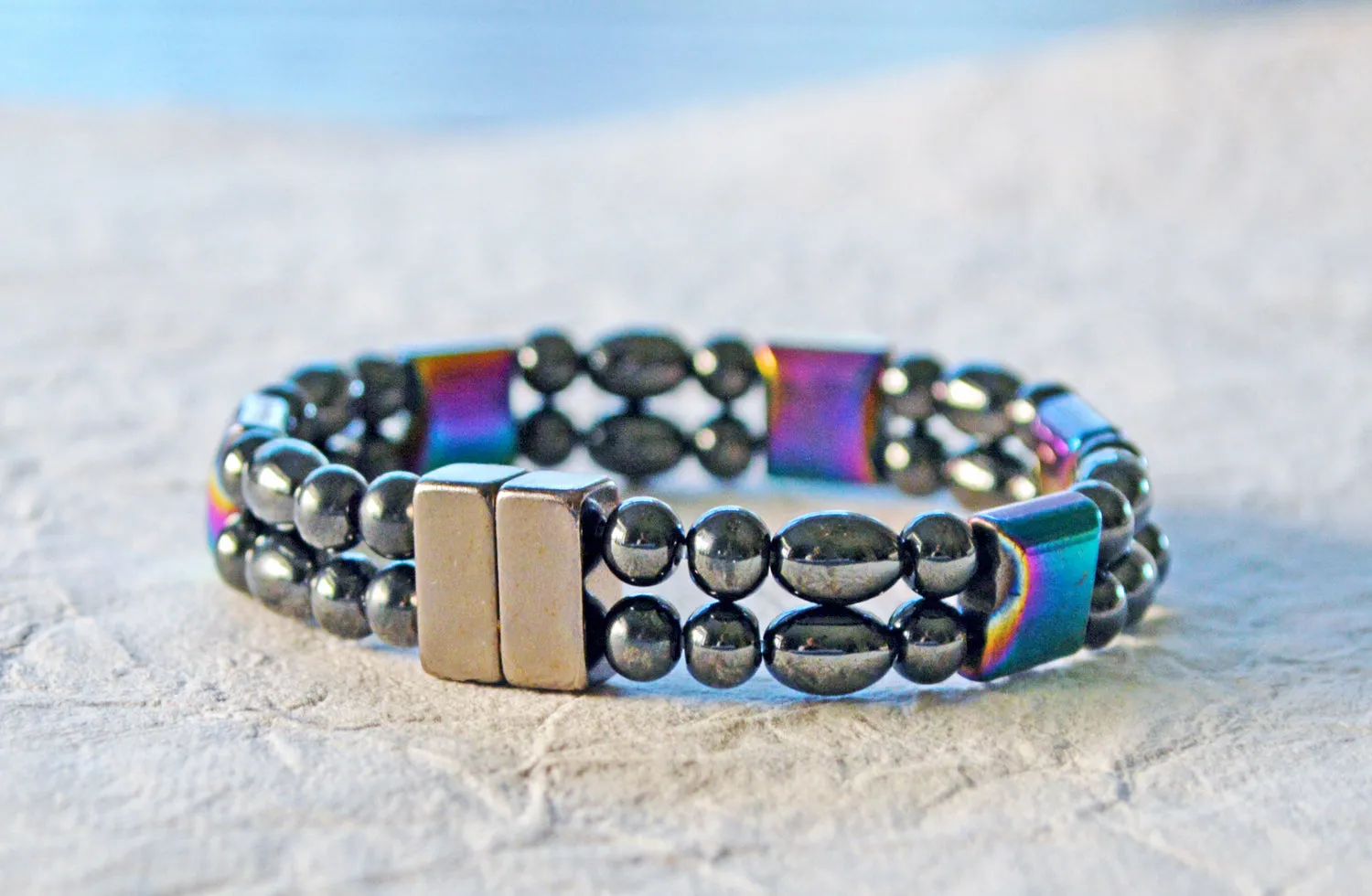 Magnetic Bracelet - Black and Rainbow Hematite