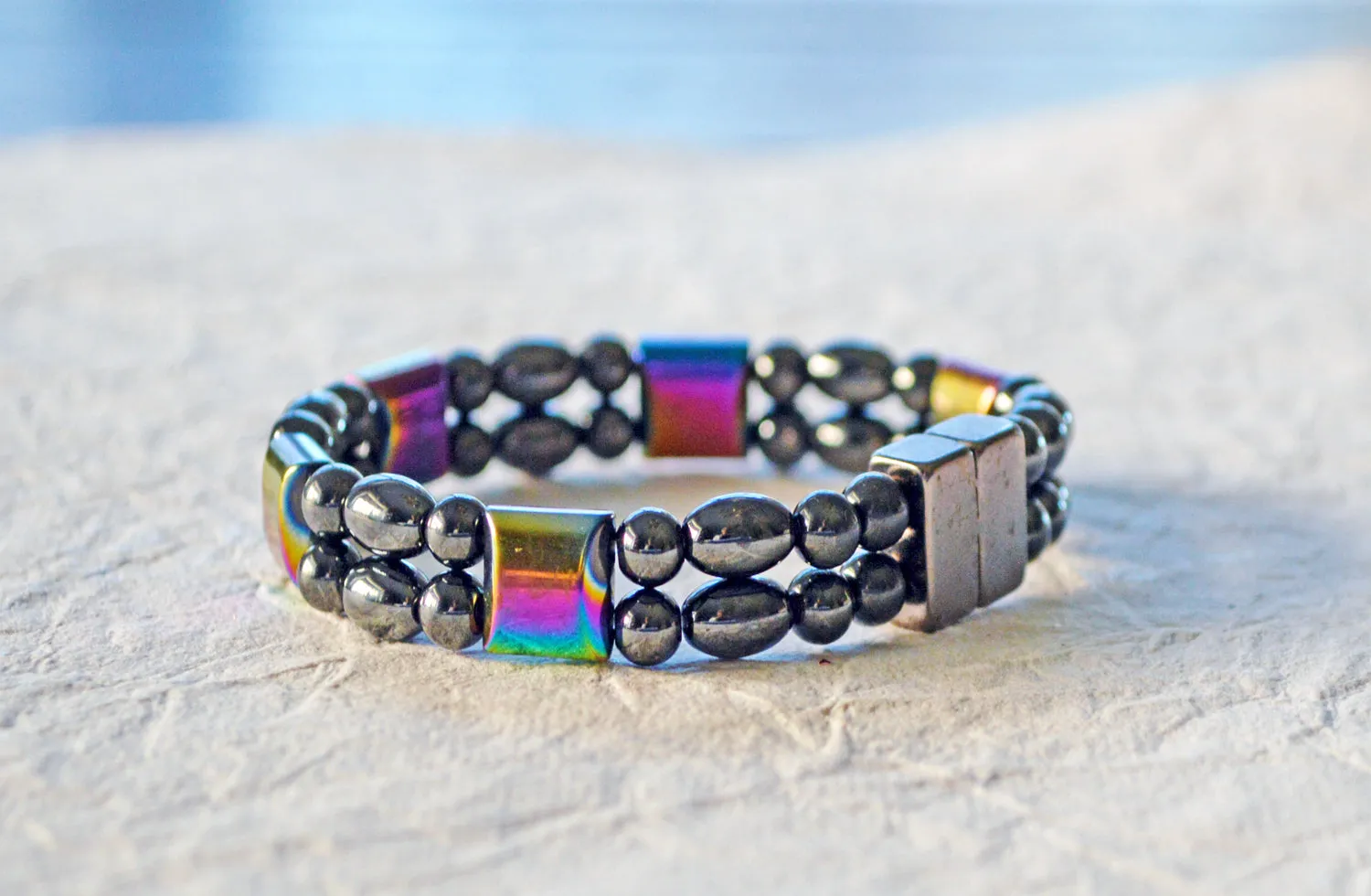 Magnetic Bracelet - Black and Rainbow Hematite