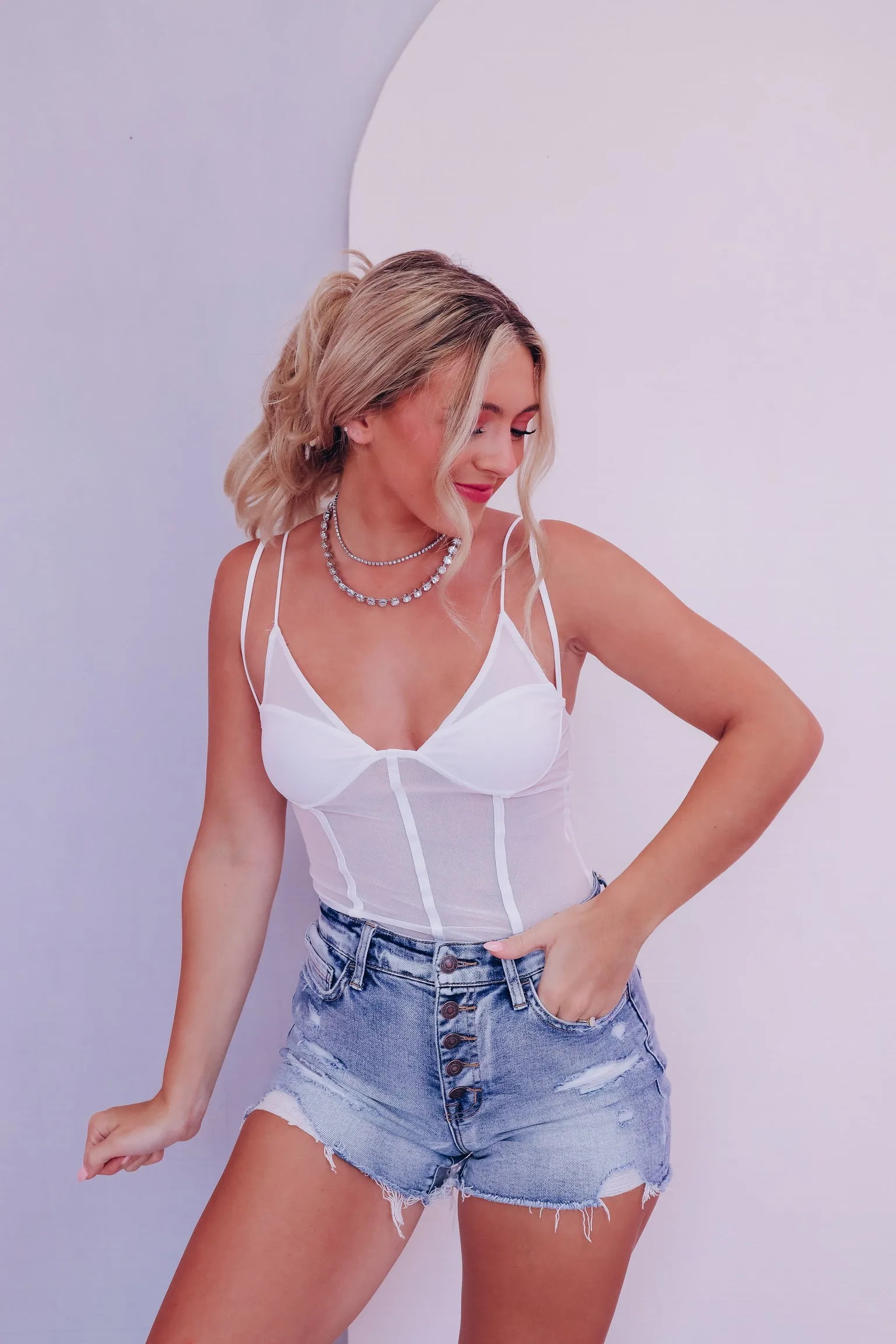 Magnetic Mesh Corset Bodysuit - White