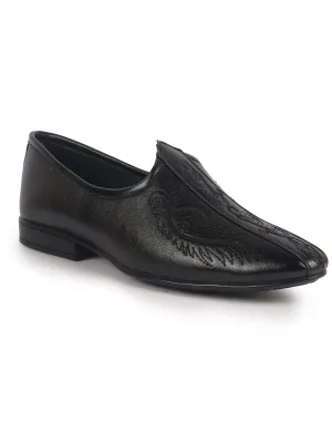 Men Black Embroidery Traditional Wedding Slip On Ethnic Juttis and Mojaris|Party Slip On Evening Shoes|Striped Mojaris