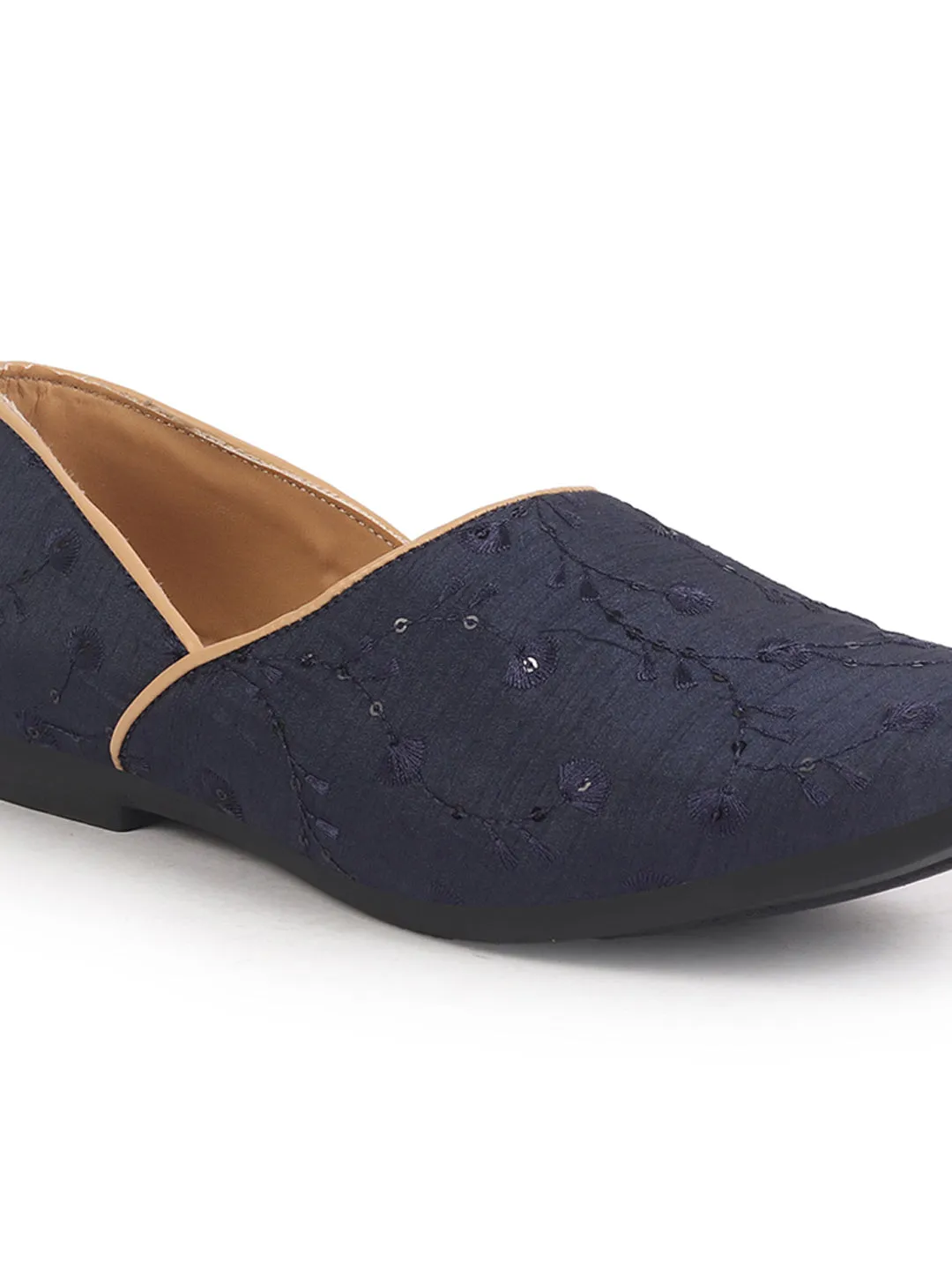 Men Blue Festive Embroidered Ethnic Half Cut Slip On Juttis and Mojaris for Wedding|Traditional Kurtas & Sherwani Shoe