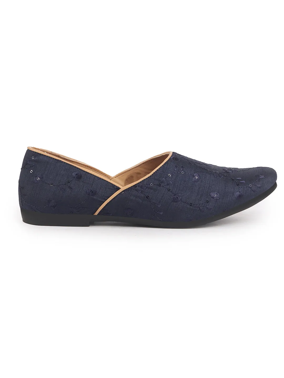 Men Blue Festive Embroidered Ethnic Half Cut Slip On Juttis and Mojaris for Wedding|Traditional Kurtas & Sherwani Shoe