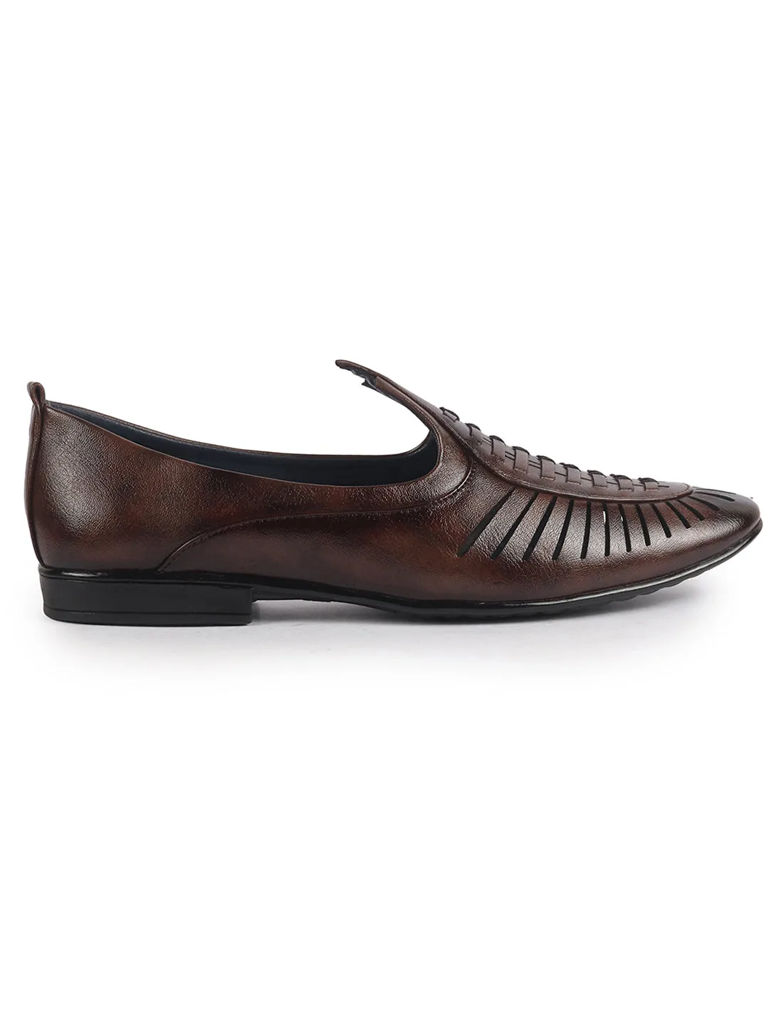 Men Brown Laser Cut Knitted Ethnic Slip On Juttis and Mojaris for Wedding|Party Slip-On|Traditional Kurtas Shoes|Flexible Rubber Sole