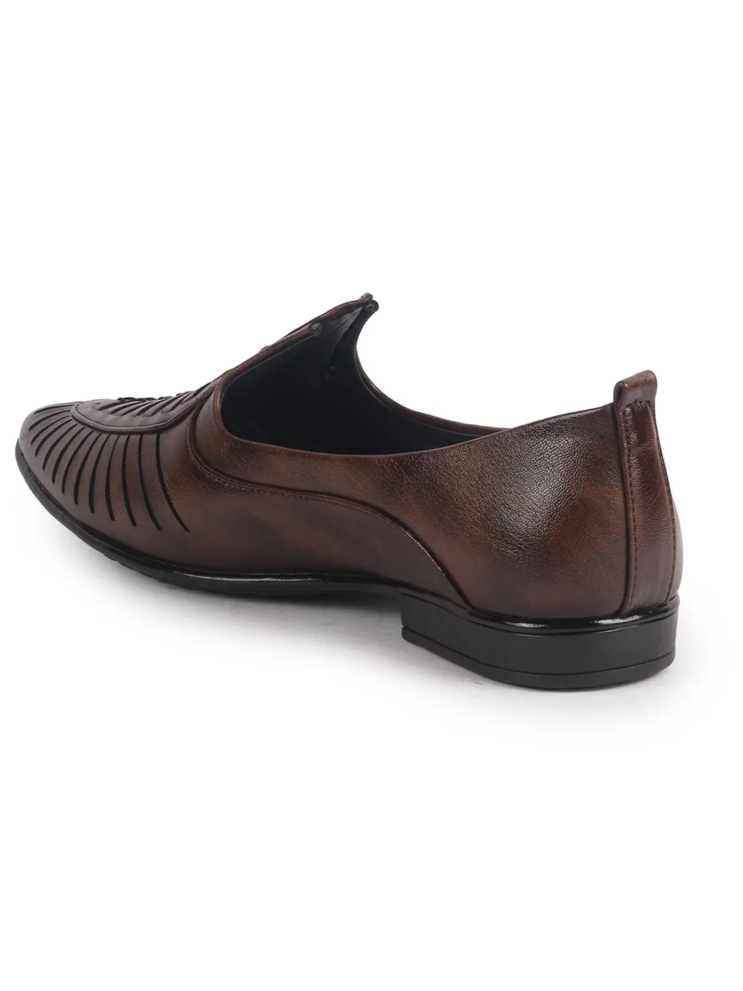 Men Brown Laser Cut Knitted Ethnic Slip On Juttis and Mojaris for Wedding|Party Slip-On|Traditional Kurtas Shoes|Flexible Rubber Sole