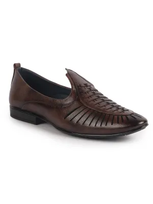 Men Brown Laser Cut Knitted Ethnic Slip On Juttis and Mojaris for Wedding|Party Slip-On|Traditional Kurtas Shoes|Flexible Rubber Sole
