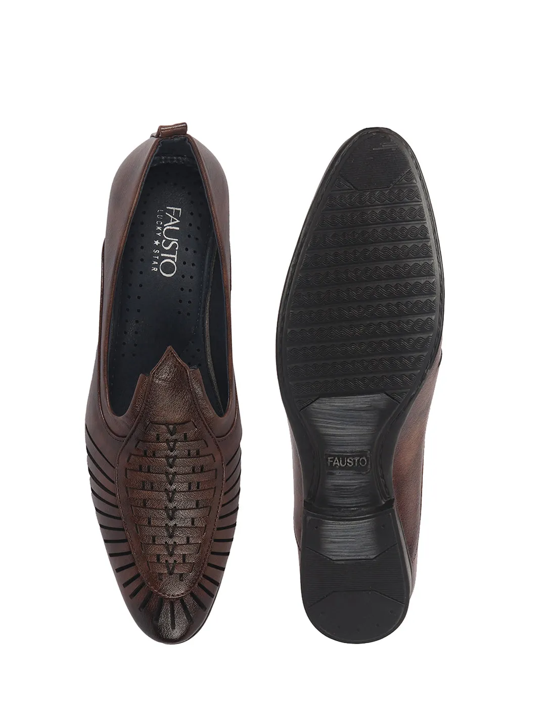 Men Brown Laser Cut Knitted Ethnic Slip On Juttis and Mojaris for Wedding|Party Slip-On|Traditional Kurtas Shoes|Flexible Rubber Sole