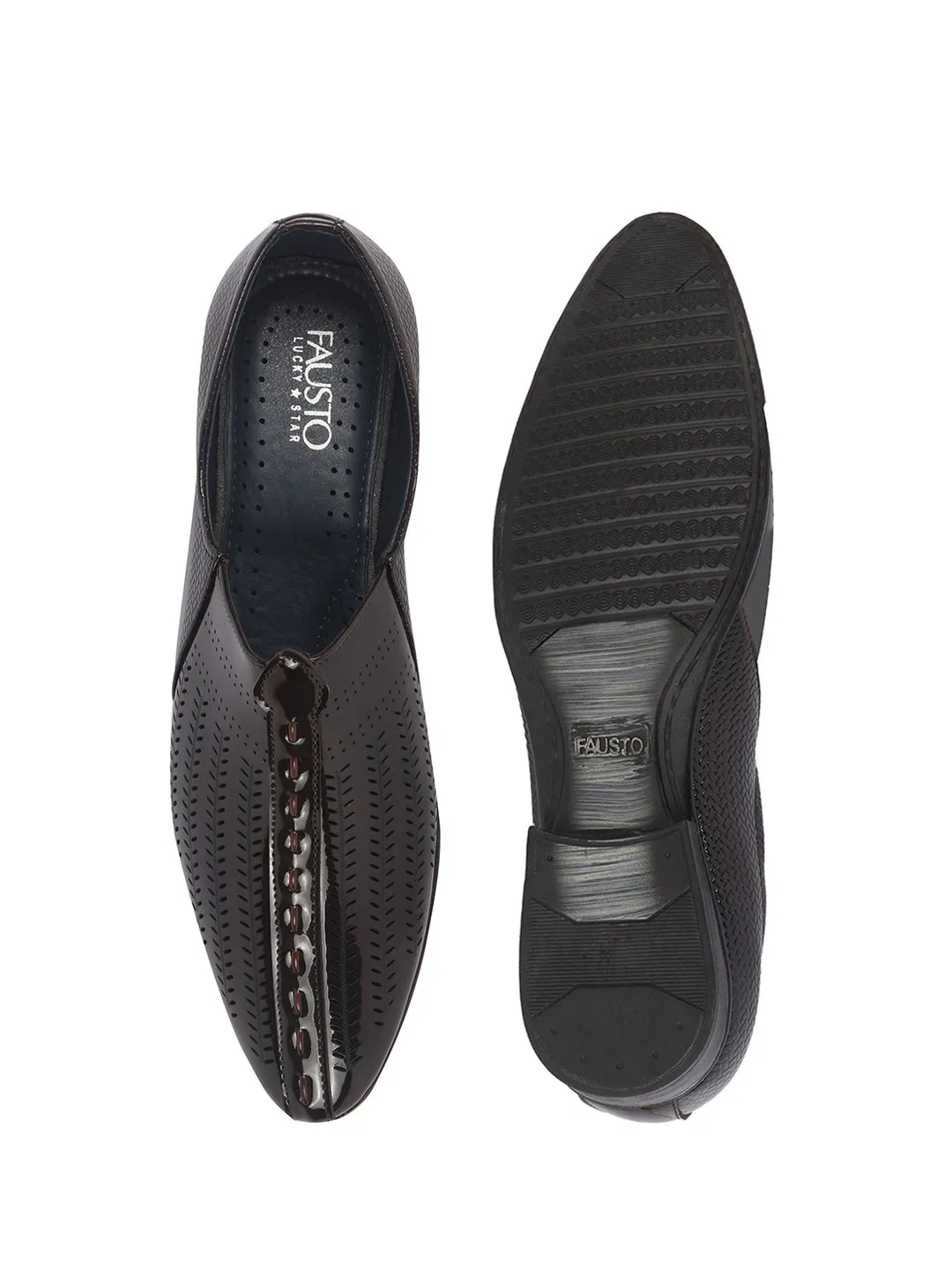 Men Brown Textured Ethnic Round Toe Juttis and Mojaris for Wedding|Party Slip-On|Traditional Kurtas Shoes|Festive Shoes