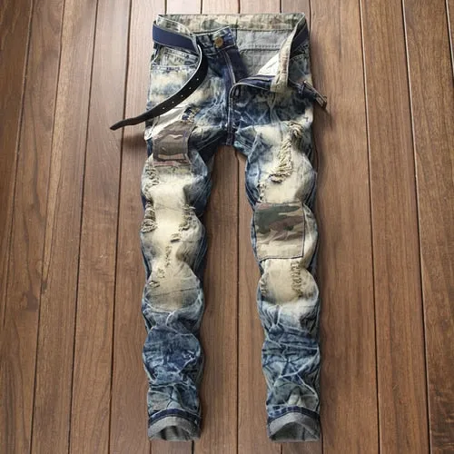 Men's Straight Patch Distressed Jeans Up To Size 40