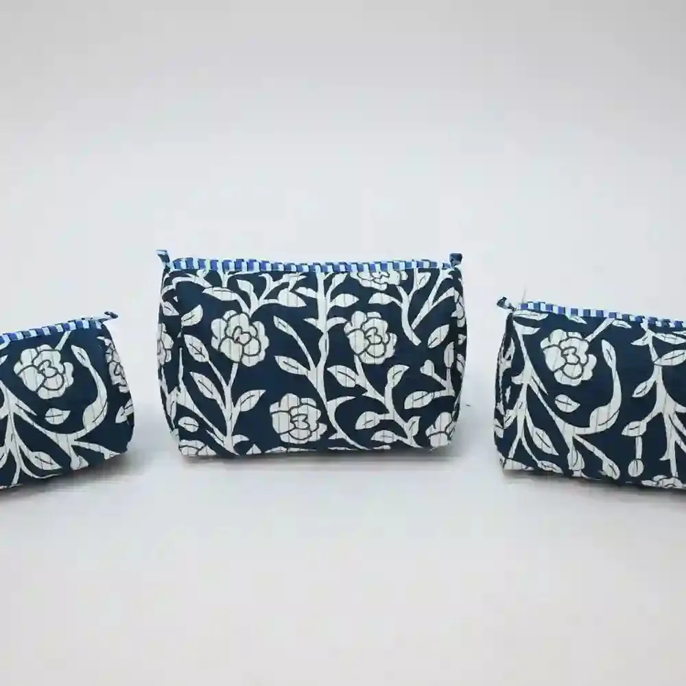 Midnight Blooms handblock printed & quilted travel pouch (Set of 3)