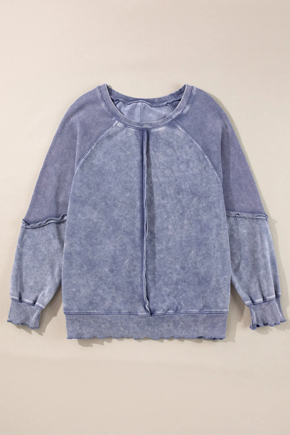 Mineral Blue Waffle Patchwork Raglan Sleeve Exposed Seam Sweatshirt