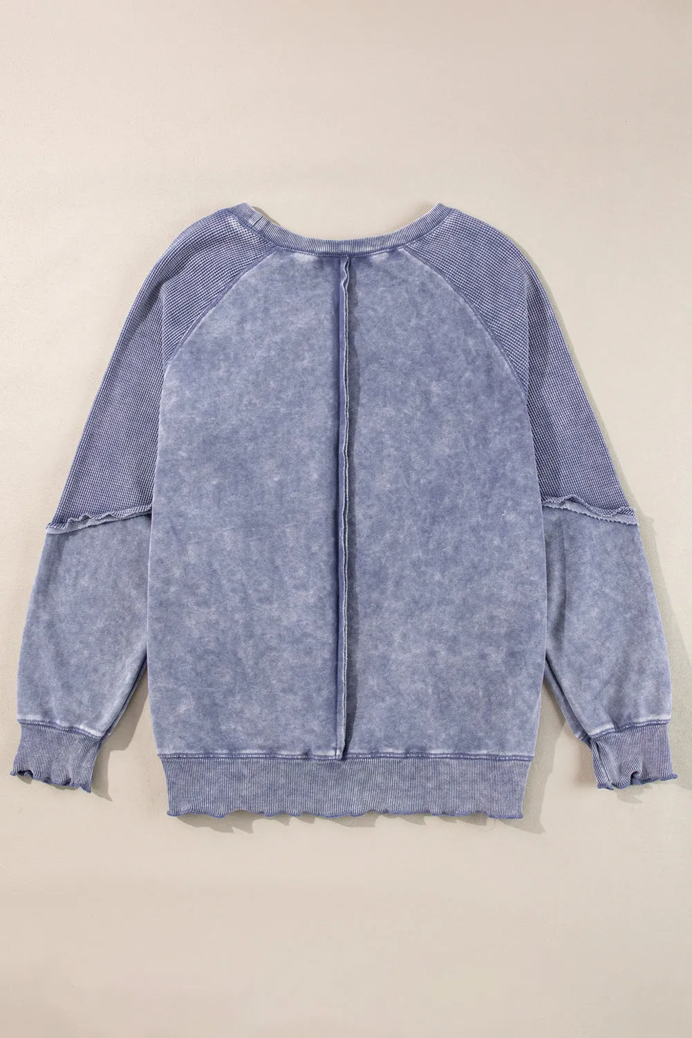 Mineral Blue Waffle Patchwork Raglan Sleeve Exposed Seam Sweatshirt