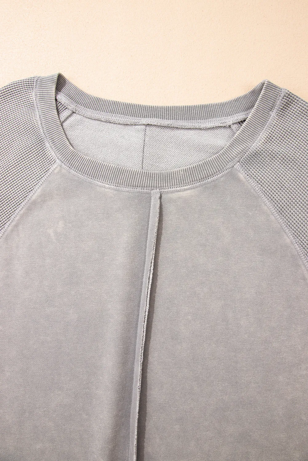 Mineral Blue Waffle Patchwork Raglan Sleeve Exposed Seam Sweatshirt