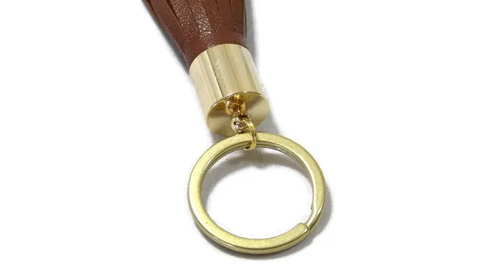 Mocha Brown Lambskin Leather Tassel Keychain with 14k Gold Plated Brass Top Free Gift Wrap