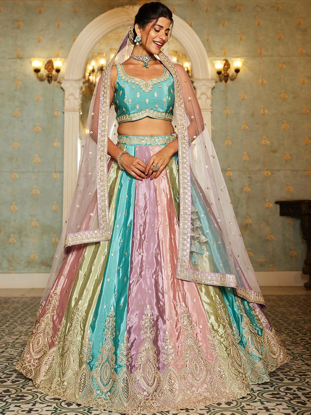 Multi colour Satin silk Fabric with Sequinse & Thread embroidery Lehenga choli & Dupatta
