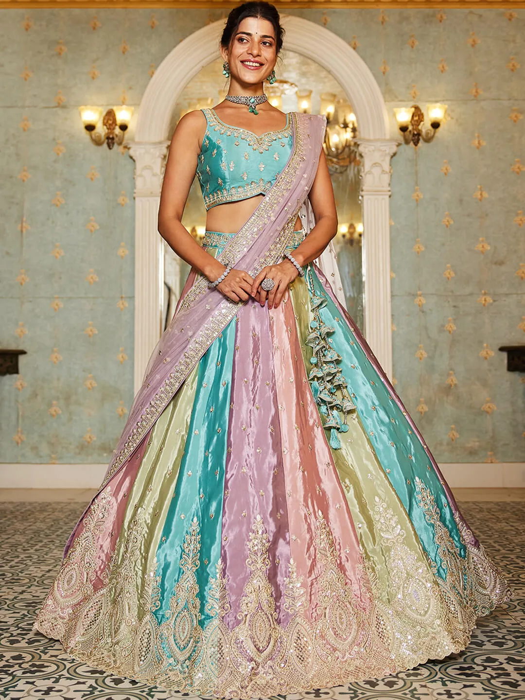 Multi colour Satin silk Fabric with Sequinse & Thread embroidery Lehenga choli & Dupatta