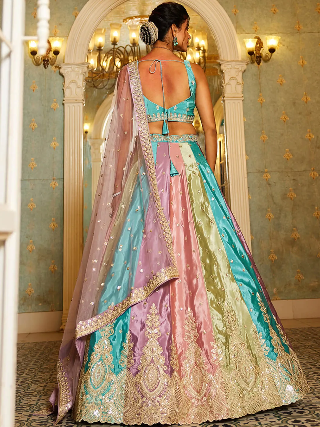 Multi colour Satin silk Fabric with Sequinse & Thread embroidery Lehenga choli & Dupatta