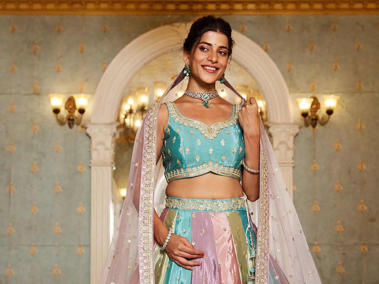 Multi colour Satin silk Fabric with Sequinse & Thread embroidery Lehenga choli & Dupatta