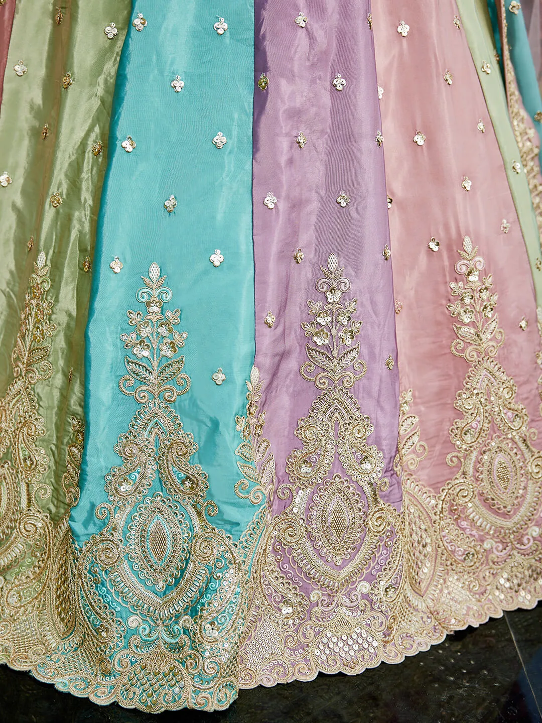 Multi colour Satin silk Fabric with Sequinse & Thread embroidery Lehenga choli & Dupatta