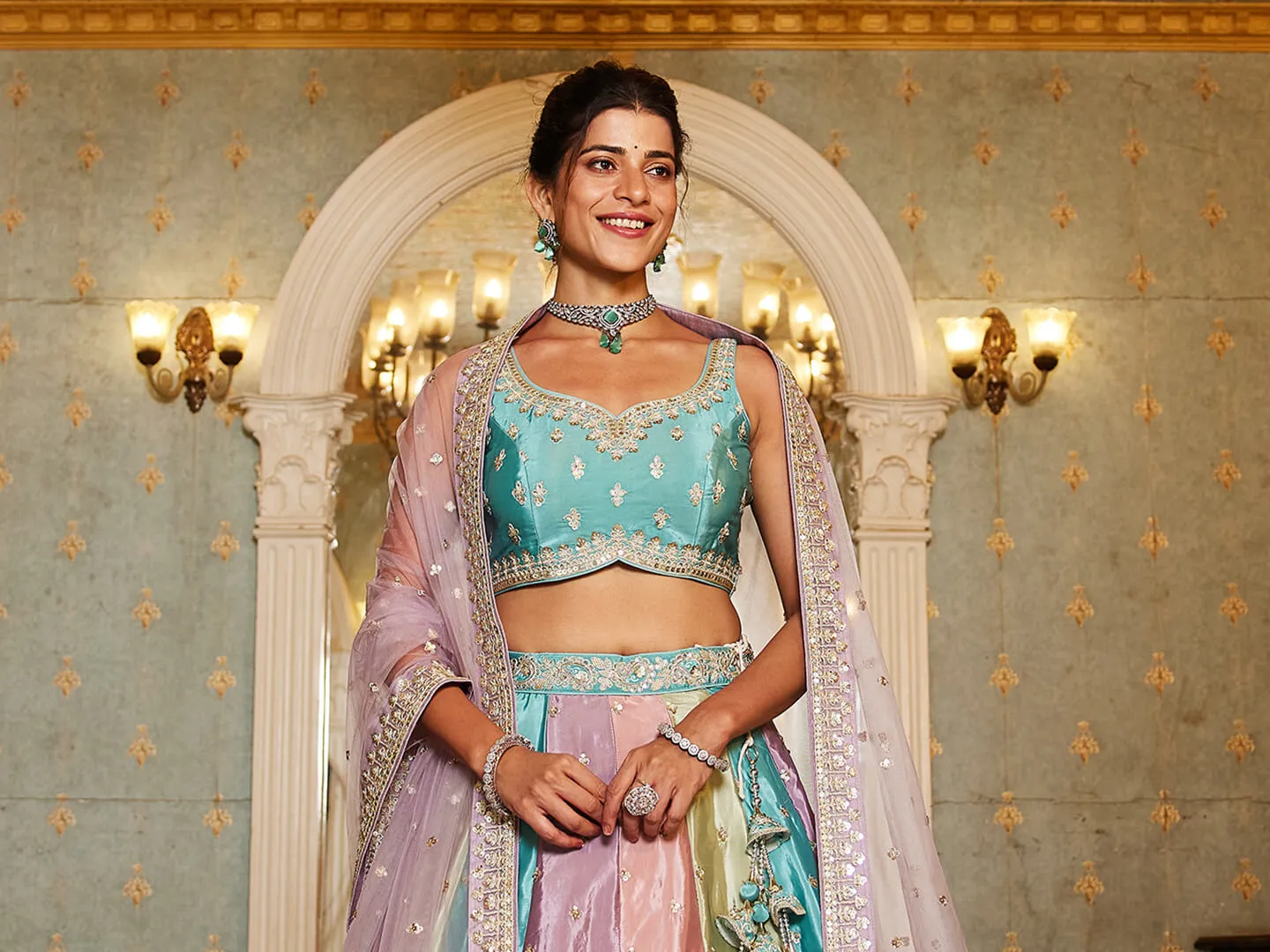 Multi colour Satin silk Fabric with Sequinse & Thread embroidery Lehenga choli & Dupatta