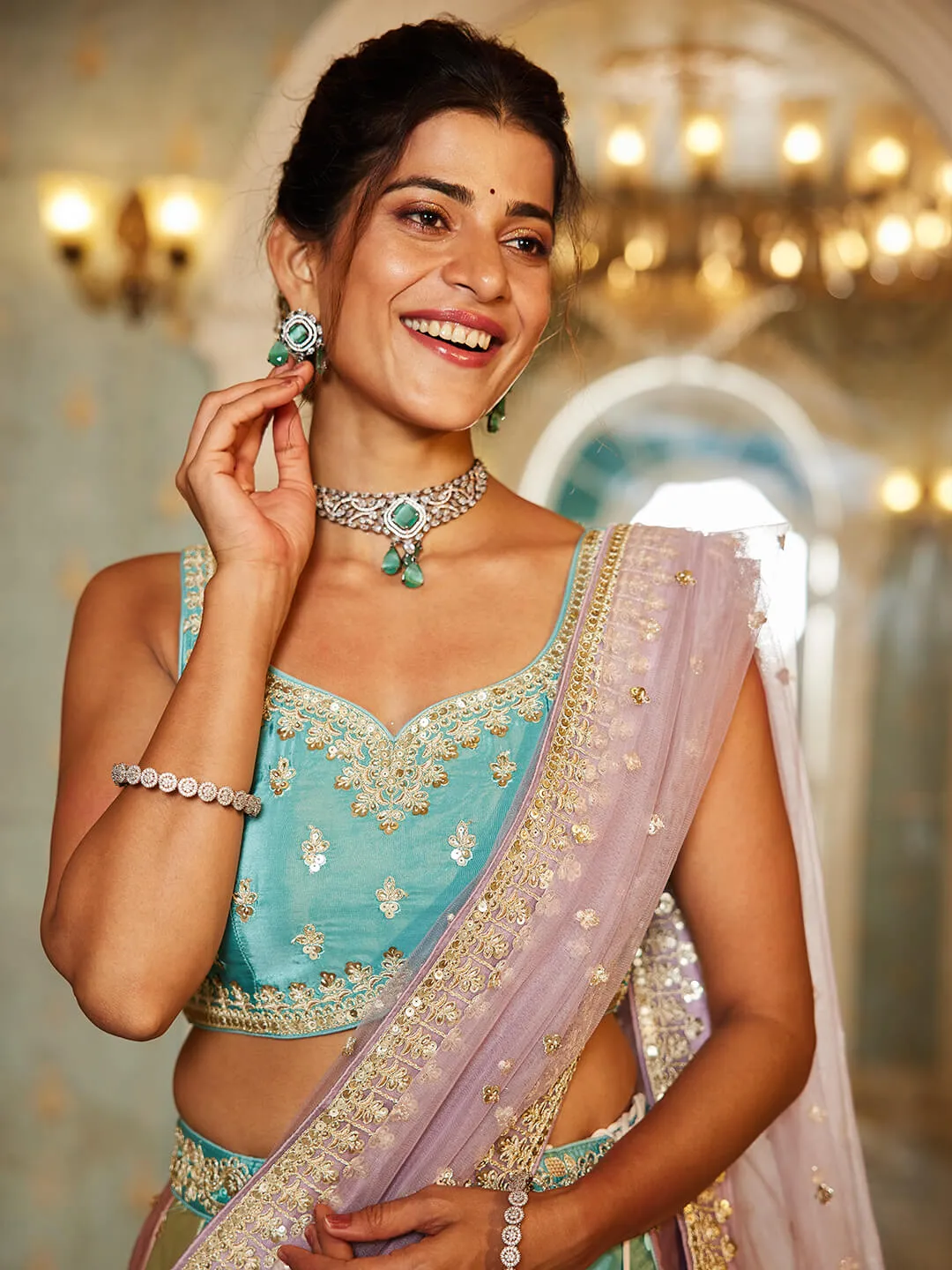 Multi colour Satin silk Fabric with Sequinse & Thread embroidery Lehenga choli & Dupatta