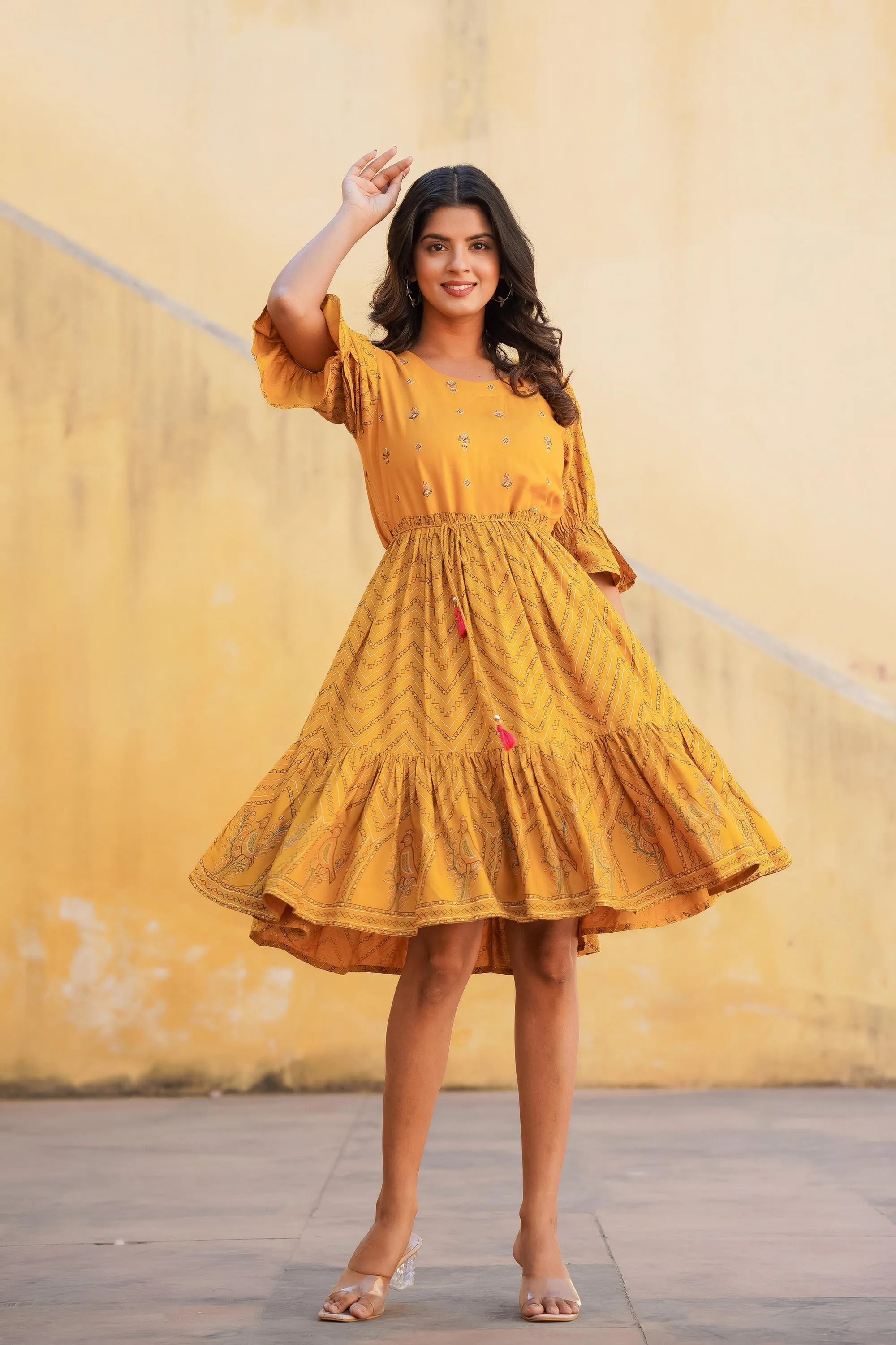 Mustard Ethnic Motif Printed Viscose Short Dress With Dori