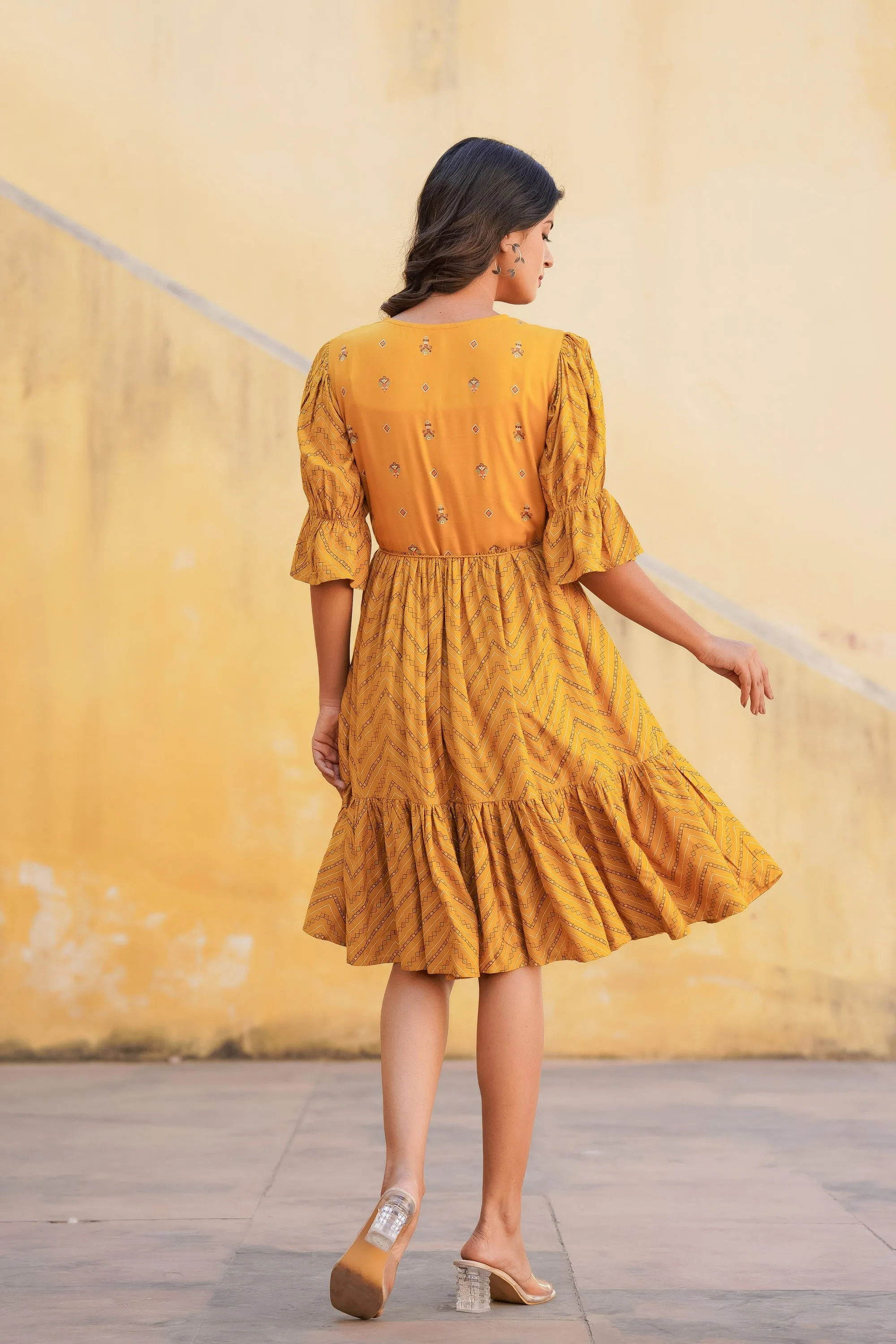 Mustard Ethnic Motif Printed Viscose Short Dress With Dori