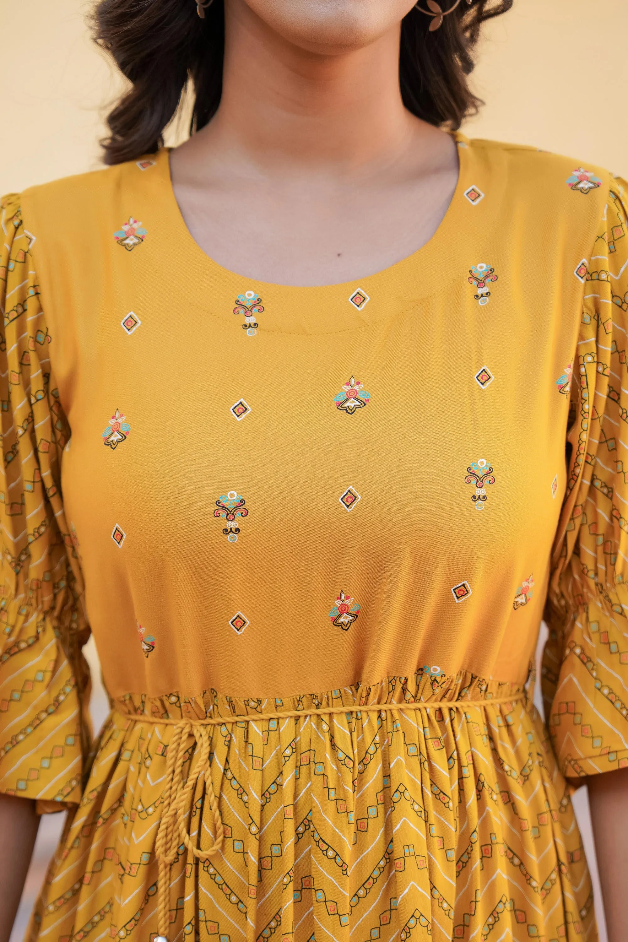 Mustard Ethnic Motif Printed Viscose Short Dress With Dori
