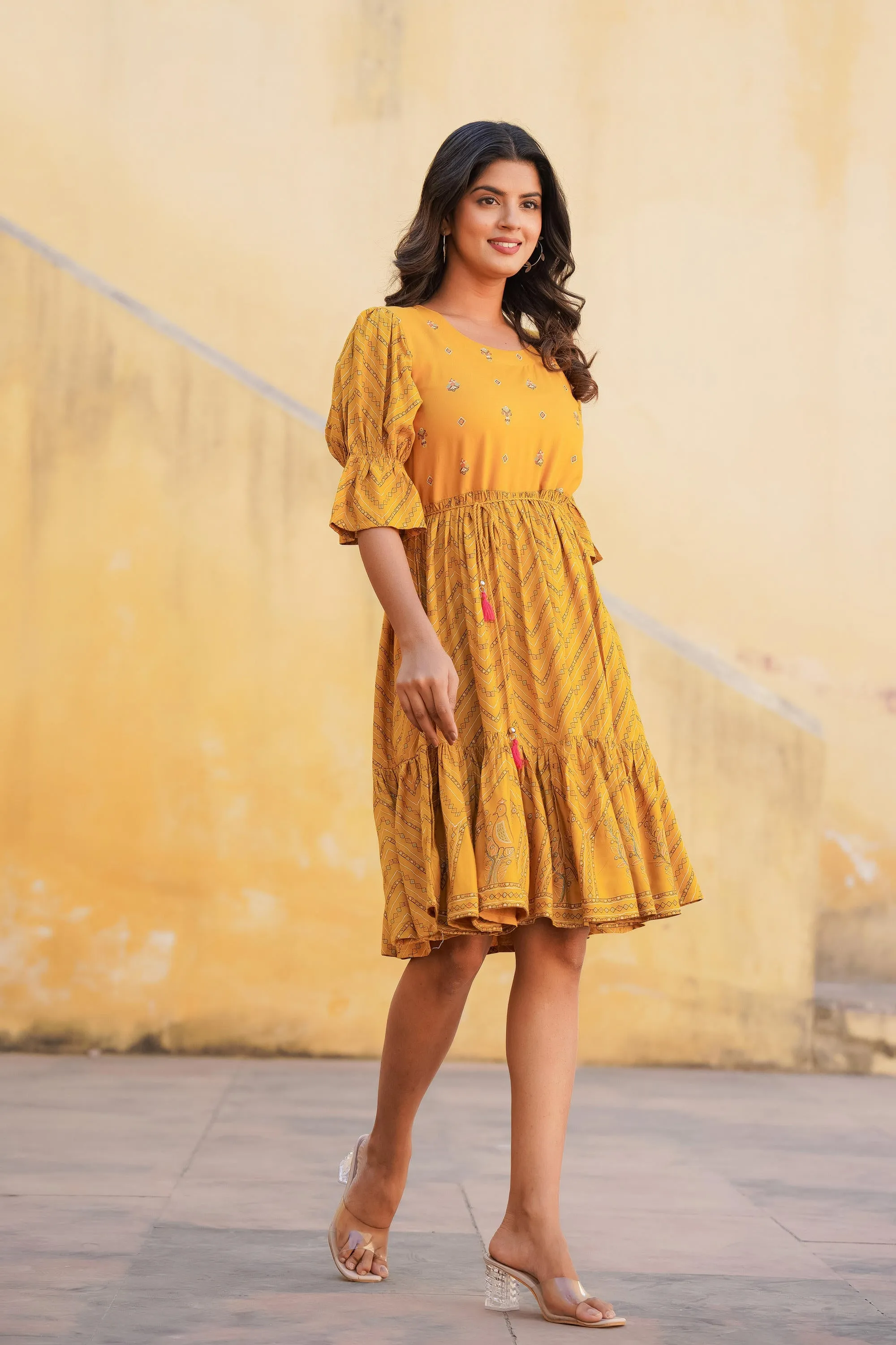 Mustard Ethnic Motif Printed Viscose Short Dress With Dori