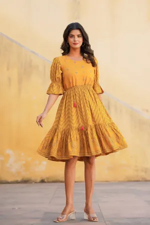 Mustard Ethnic Motif Printed Viscose Short Dress With Dori