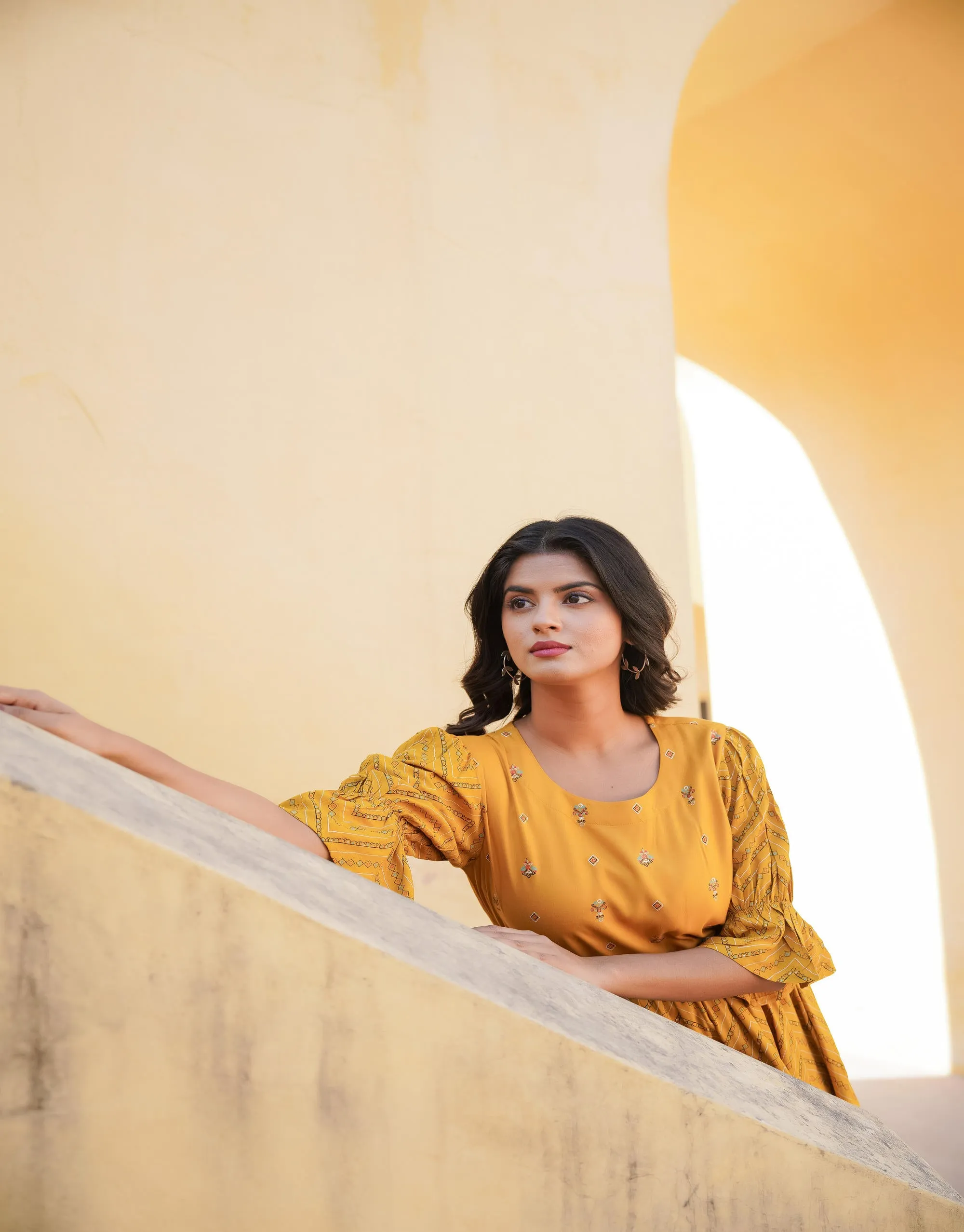 Mustard Ethnic Motif Printed Viscose Short Dress With Dori