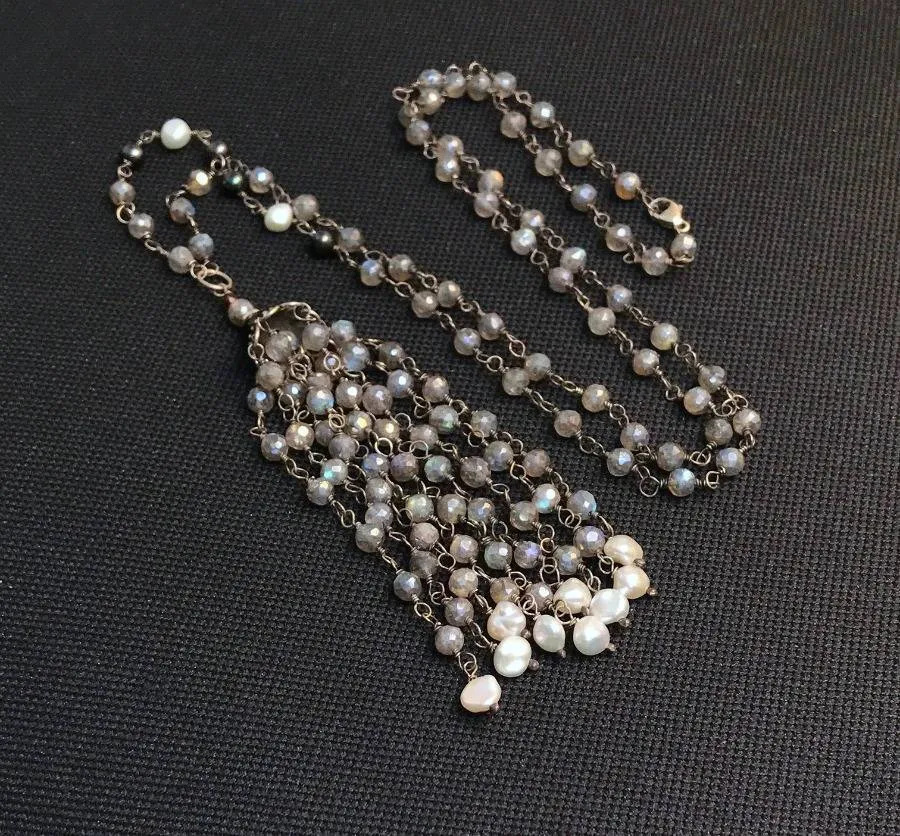 Mystic Labradorite Tassel Necklace Wire Wrapped