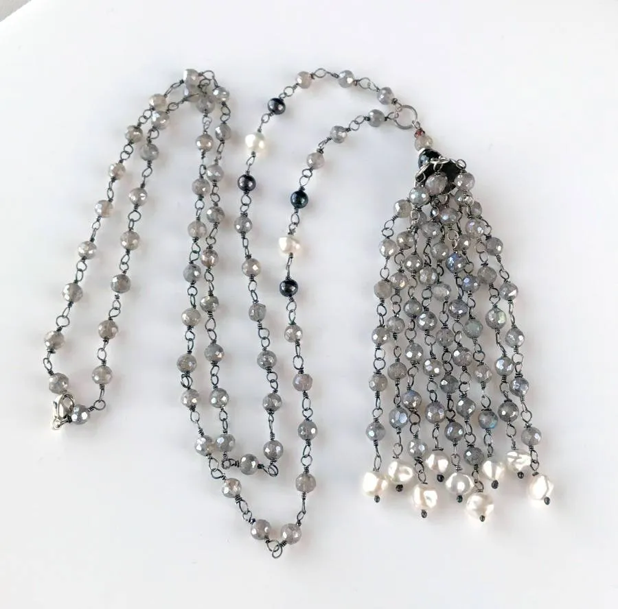 Mystic Labradorite Tassel Necklace Wire Wrapped
