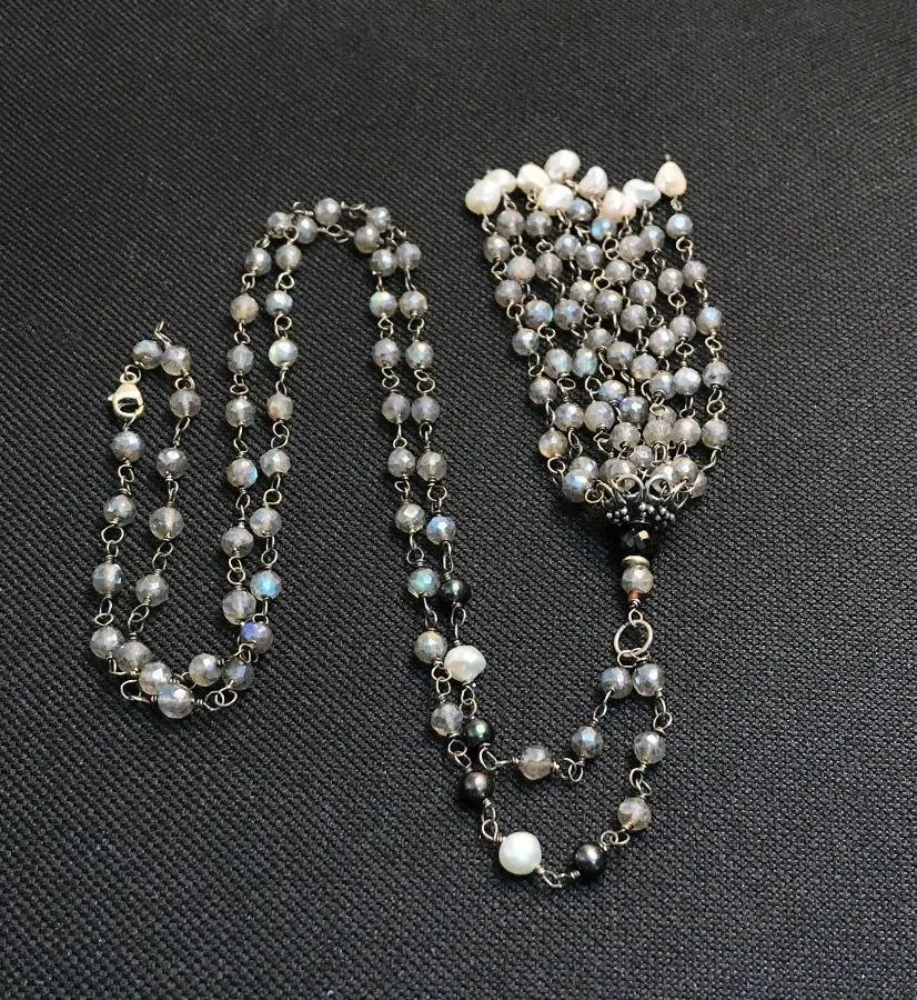 Mystic Labradorite Tassel Necklace Wire Wrapped