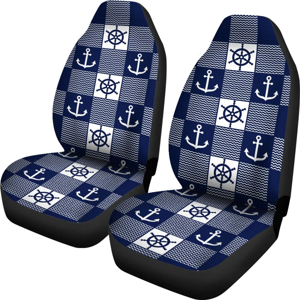 Navy Blue and White Nautical and Chevron Pattern Patchwork Car Seat Covers Set of 2