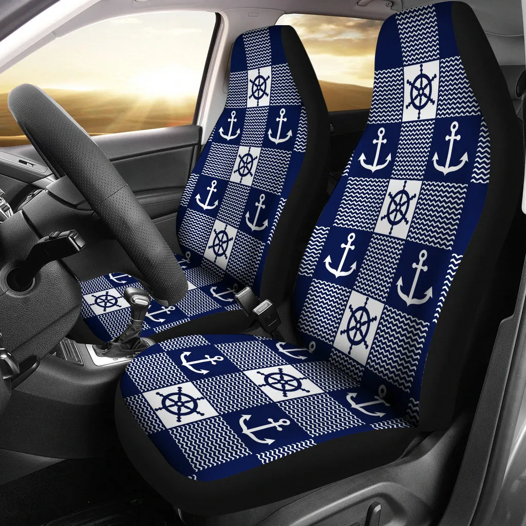 Navy Blue and White Nautical and Chevron Pattern Patchwork Car Seat Covers Set of 2