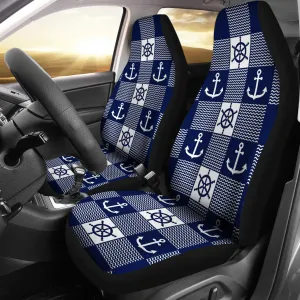 Navy Blue and White Nautical and Chevron Pattern Patchwork Car Seat Covers Set of 2