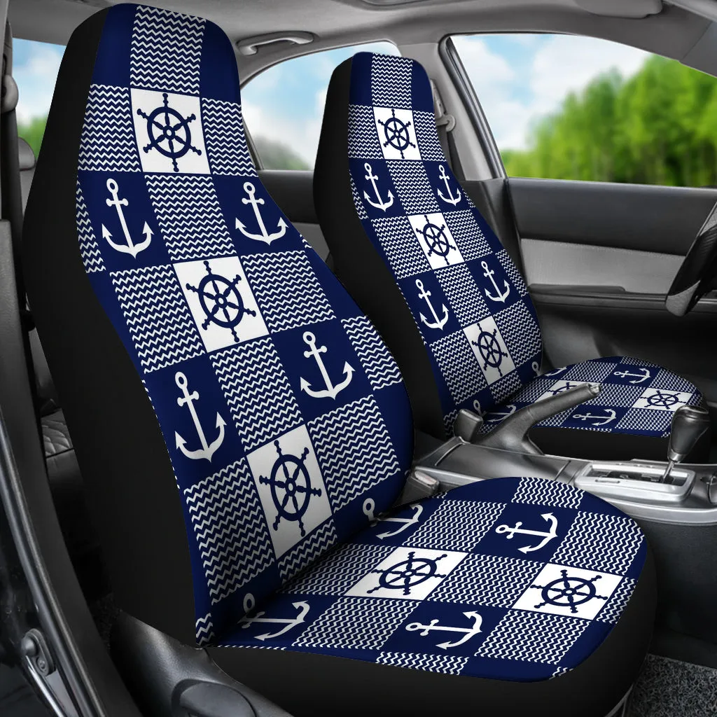 Navy Blue and White Nautical and Chevron Pattern Patchwork Car Seat Covers Set of 2