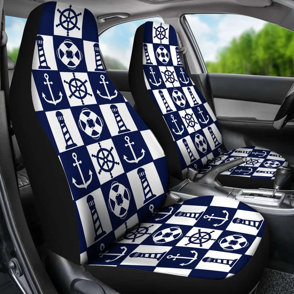 Navy Blue and White Nautical Patchwork Pattern Car Seat Covers