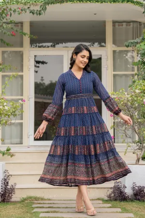 Navy Ethnic Motif Printed Georgette Dress With Belt