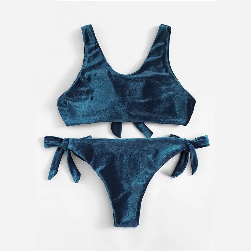 Navy Plunge Neck Velvet Knot Plunge Bra With Tie Side Bikini