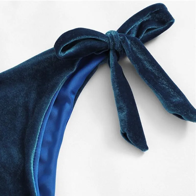Navy Plunge Neck Velvet Knot Plunge Bra With Tie Side Bikini