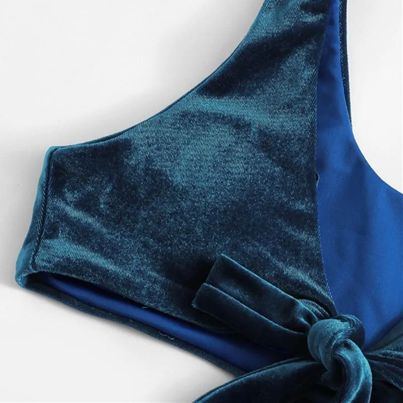 Navy Plunge Neck Velvet Knot Plunge Bra With Tie Side Bikini