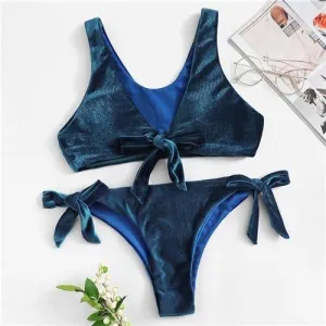 Navy Plunge Neck Velvet Knot Plunge Bra With Tie Side Bikini