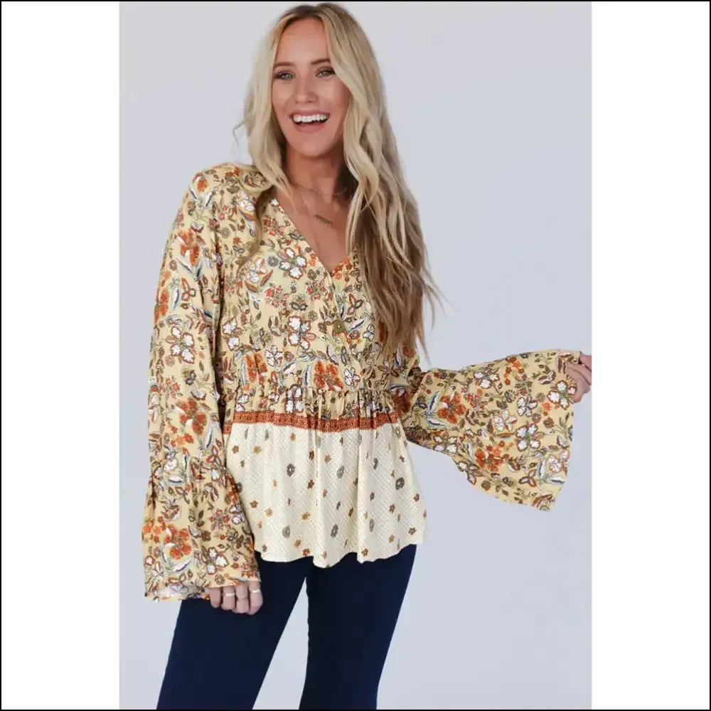 Needful Things: v Neck Bell Sleeve Floral ! 🌼 Yellow Floral Power!